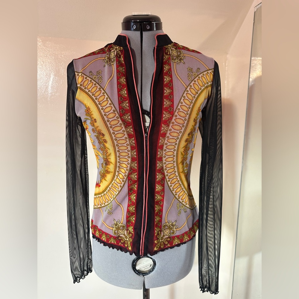 ANAC by Kimi + Annie Sheer Mesh Zip Front Top | Scarf Print Blouse